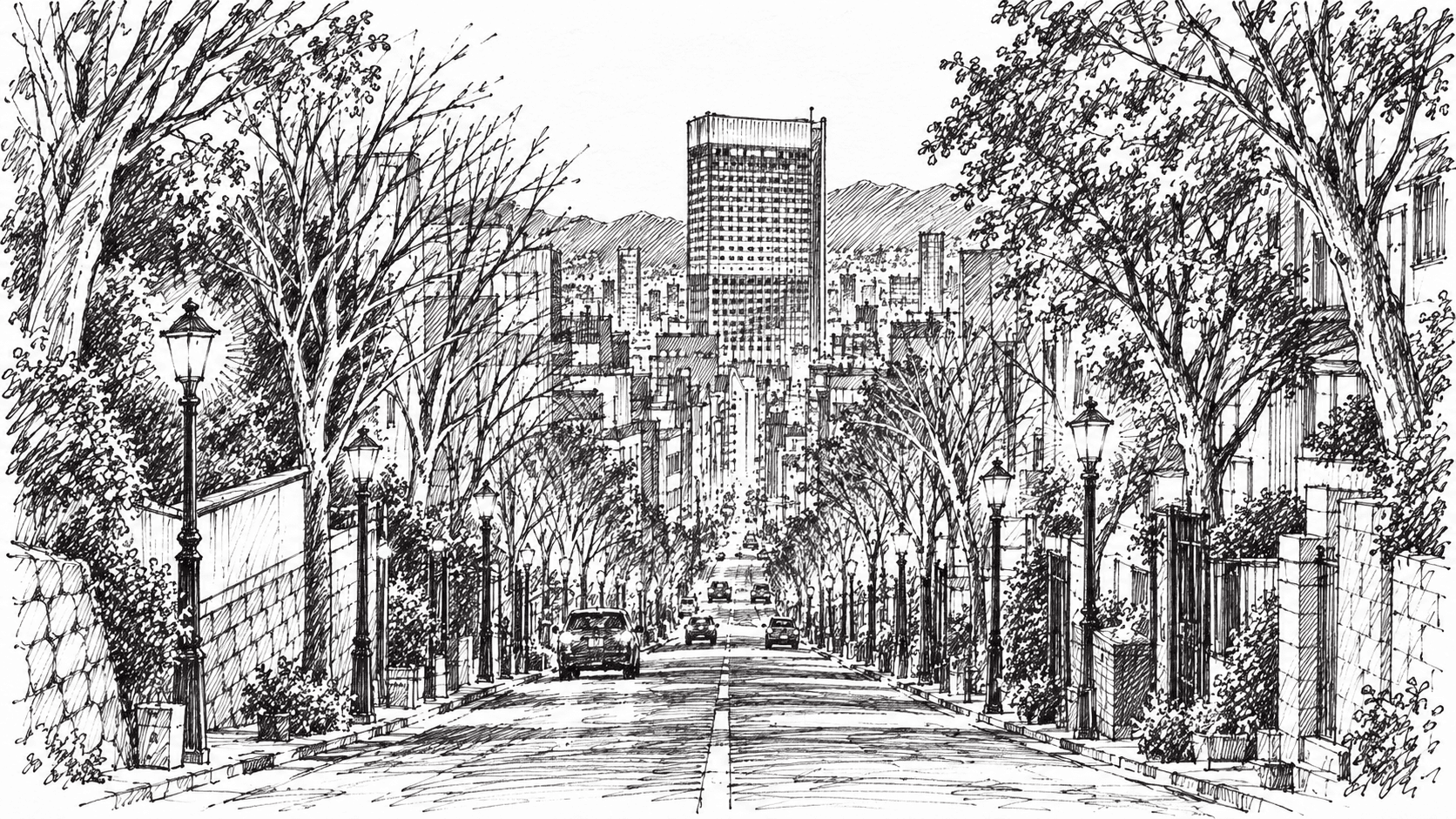 神戸・北野の坂道から市街地を見下ろす風景を黒いボールペン線で描いたイラスト