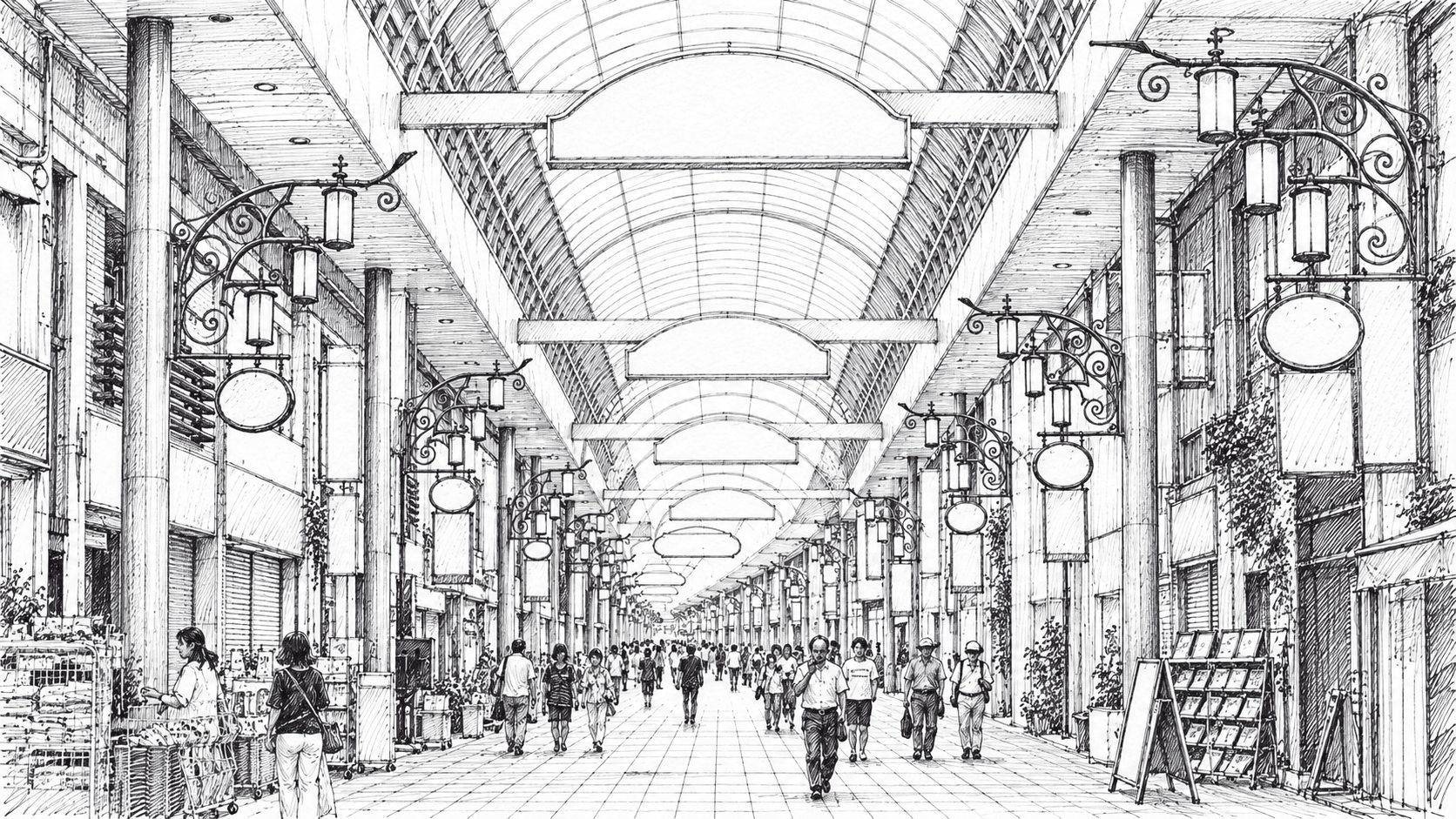 神戸元町商店街のアーケードと行き交う人々を黒いボールペン線で描いたイラスト