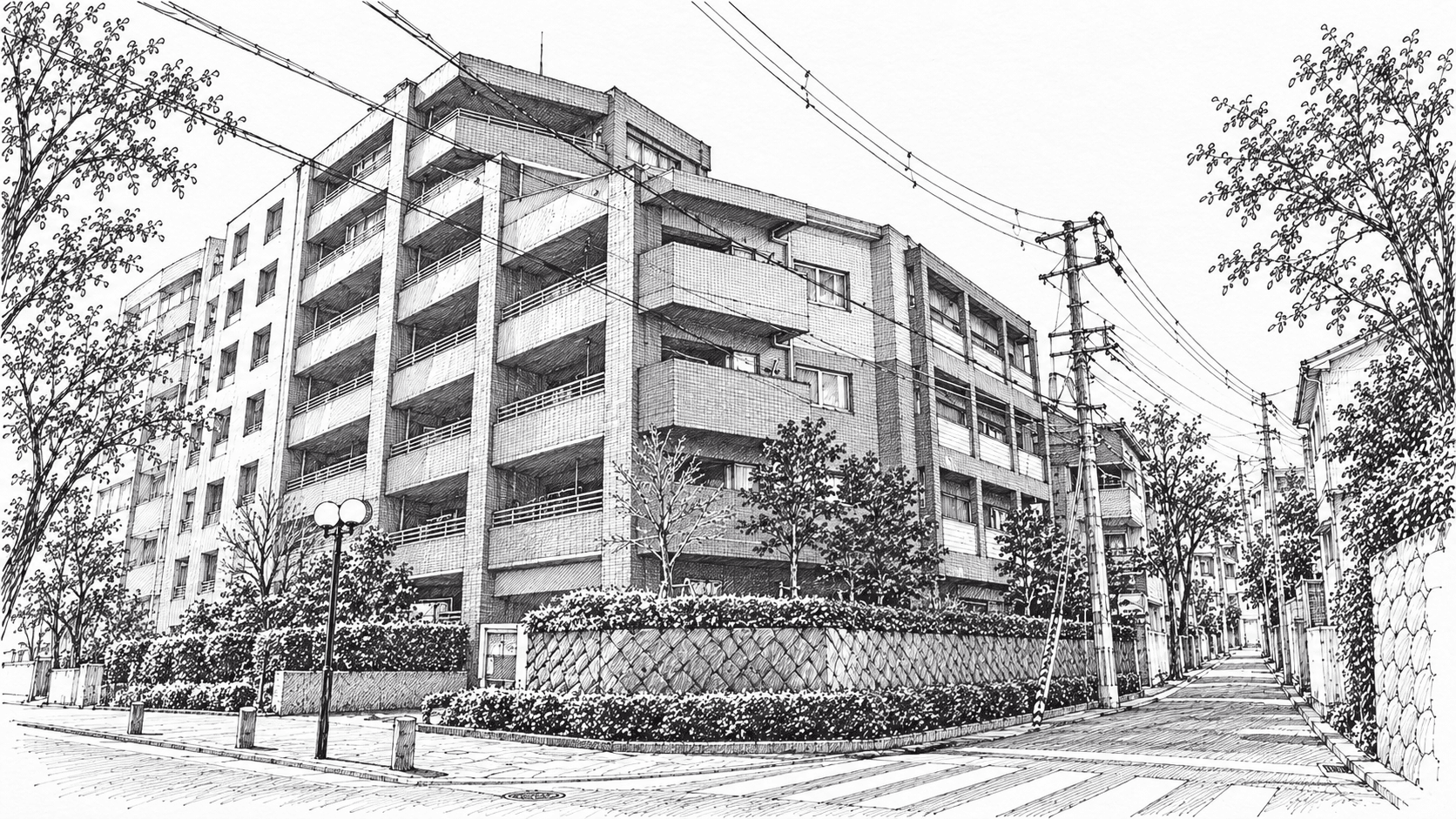 神戸市中央区中山手通6丁目付近のマンションと住宅街を黒いボールペン線で描いたイラスト