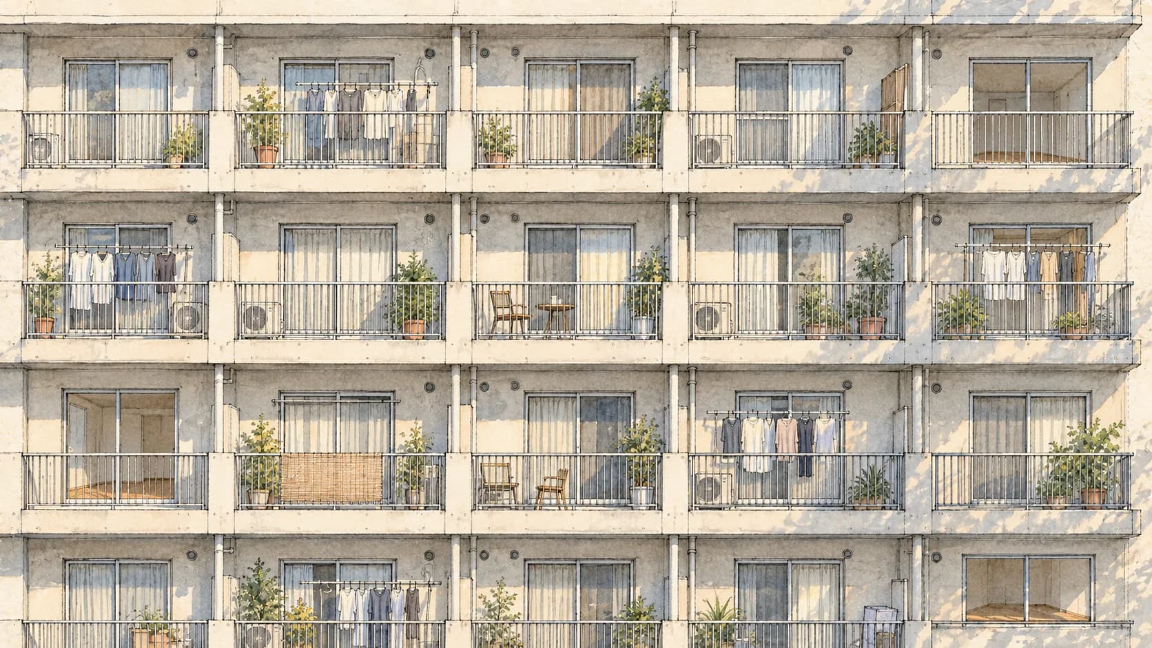 同じ集合住宅の外壁に並ぶバルコニーのうち3室だけが空室になっている様子をペン画と淡い水彩で描いたイラスト