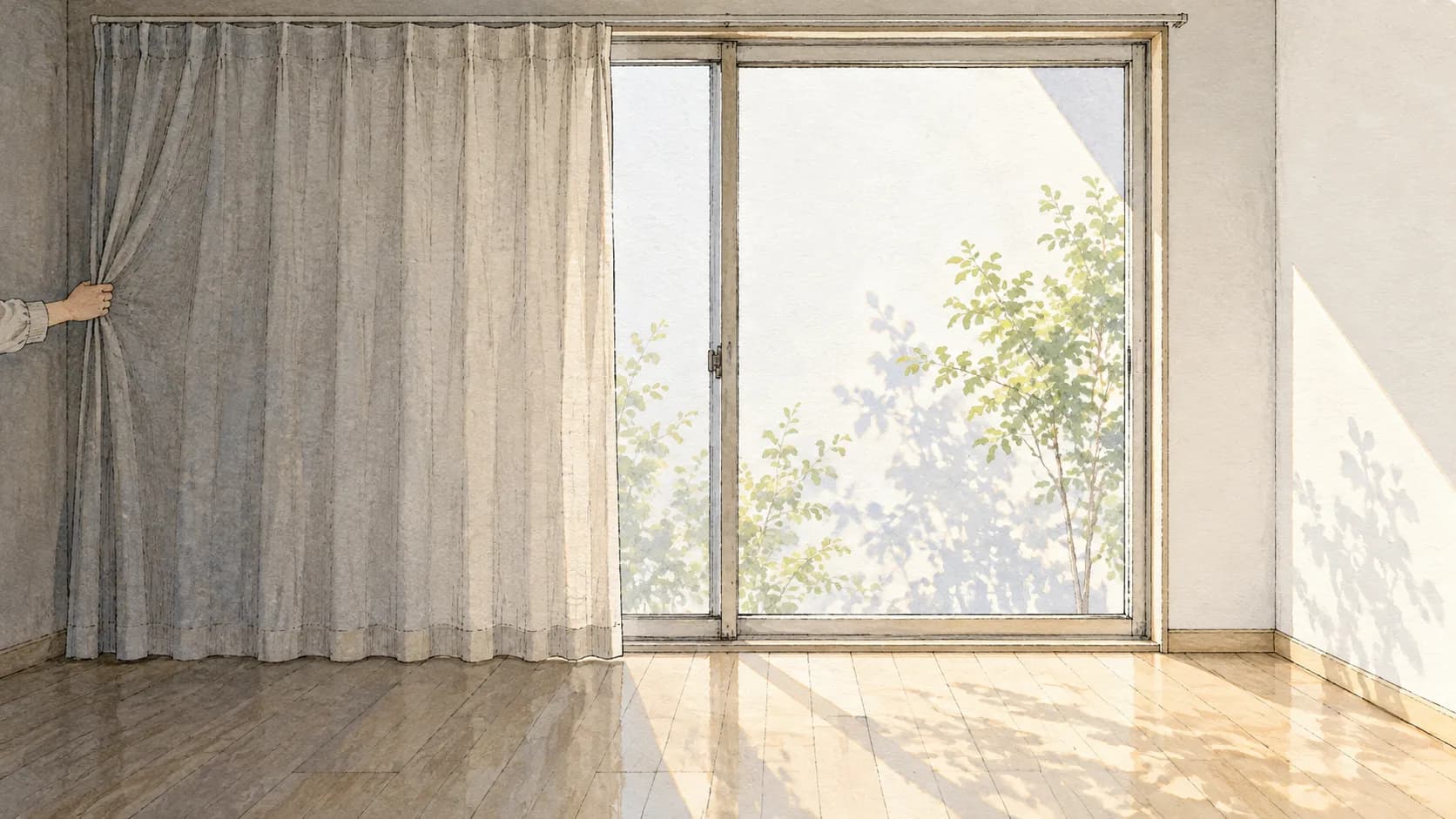 半分開いたカーテンの明暗と、さらに開ける手元をペン画と淡い水彩で描いたイラスト